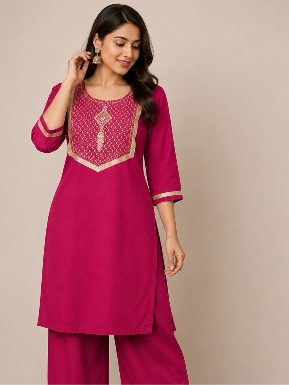 Women’s Magenta Embroidered Kurta with Gold Detailing